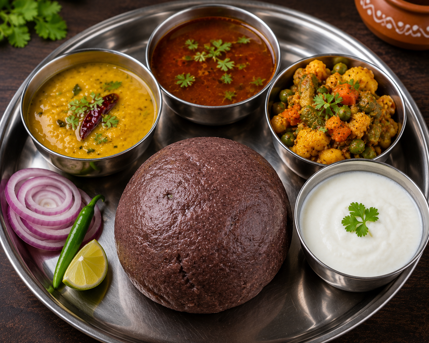 Veg Meal (Ragi Mudde + Dal + Rasam + Veg Curry + Curd)