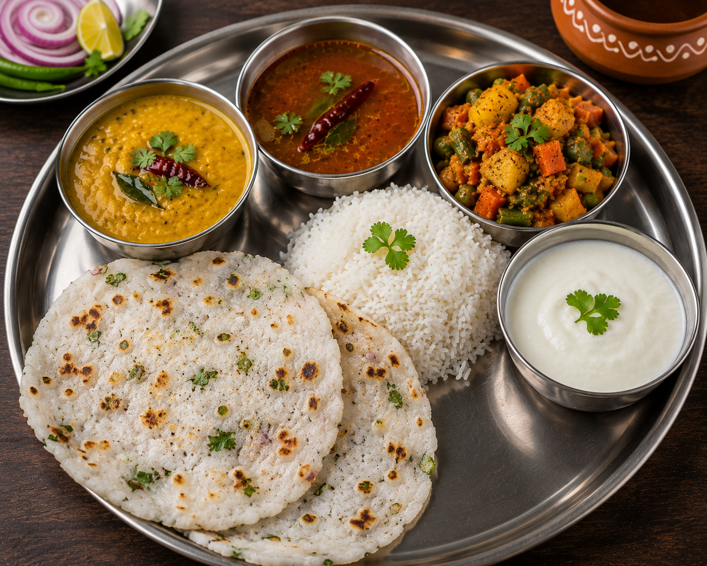 Akki Roti Meal (2 Akki Roti + Rice + Dal + Rasam + Veg Curry + Curd)