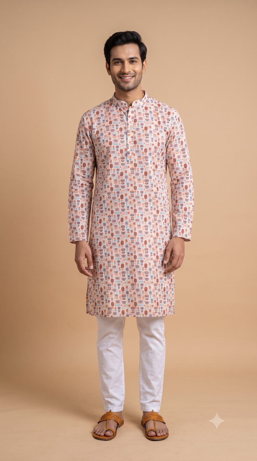 Men's White Printed Cotton Kurta | Ethnic Multicolor Casual Festive Kurta for Men