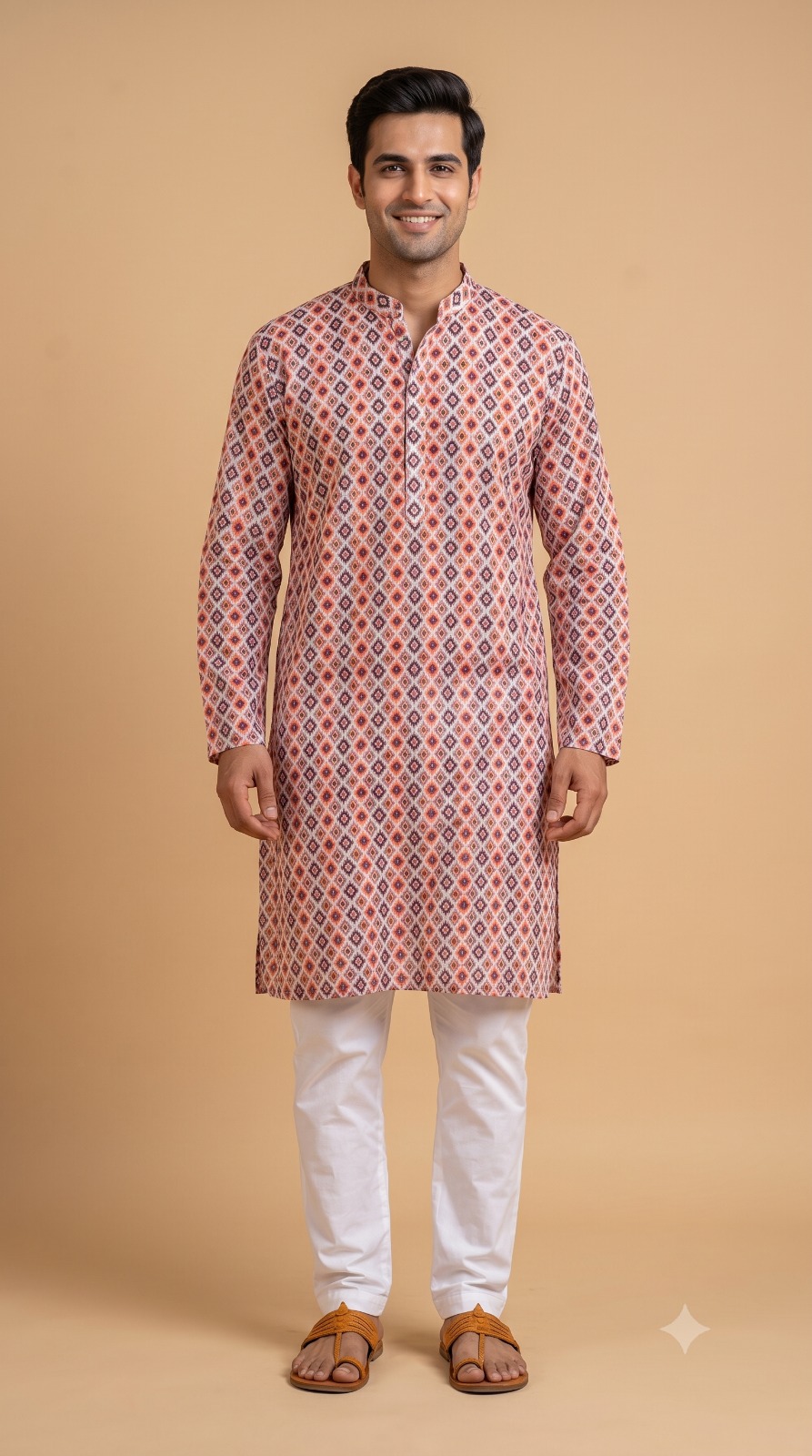 Men's White Geometric Printed Cotton Kurta | Ethnic Mandarin Collar Casual & Festive Wear