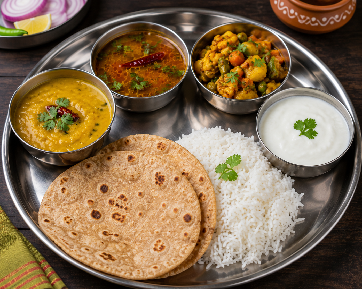 Veg Full Meal (2 Chapati + Rice + Dal + Rasam + Veg Curry + Curd)