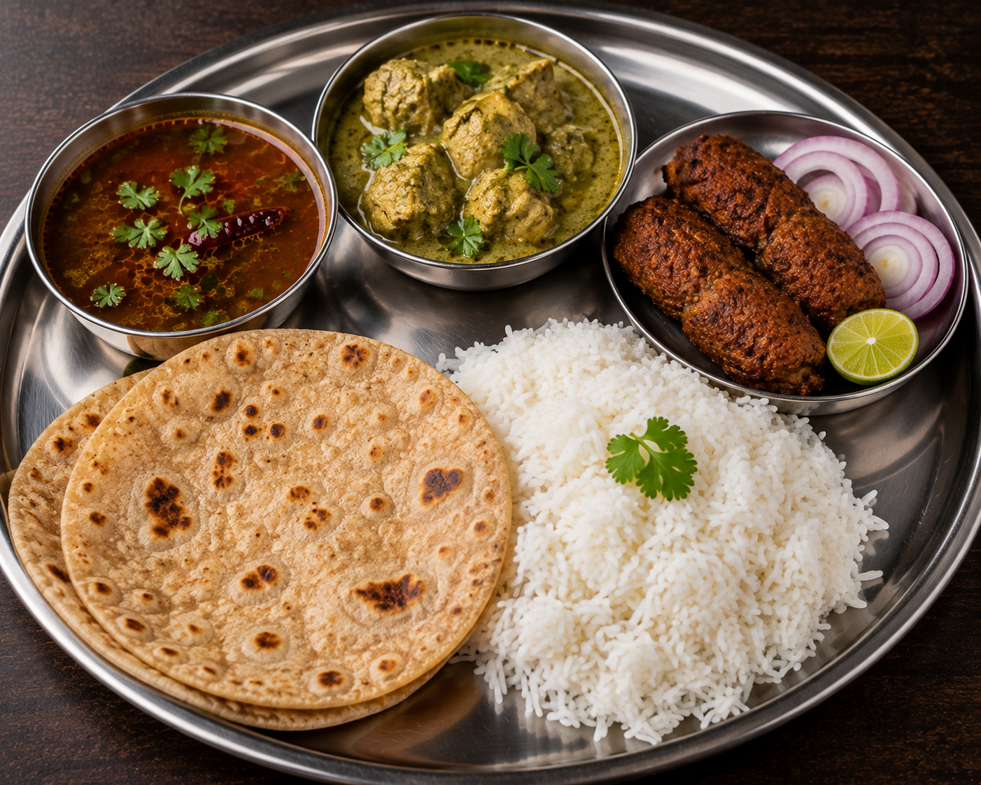 Non-Veg Meal (2 Chapati + Rice + Green Chicken Gravy + Kabab + Rasam)